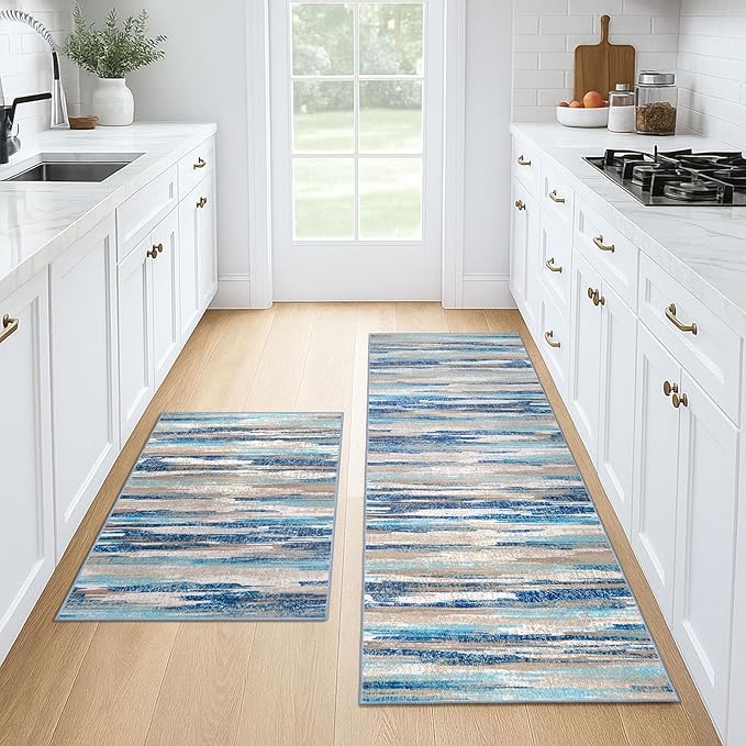 Modern Abstract Kitchen Rug Set of 2, 2x3 and 2x6 Blue Washable Rug Runner Non by lansny