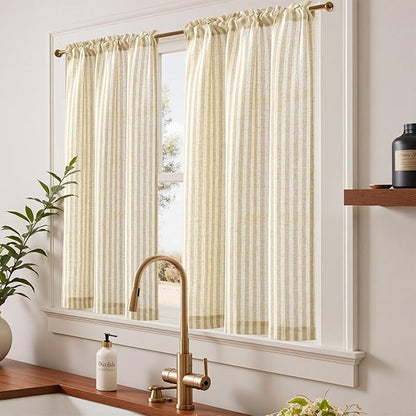 jinchan Striped Linen Kitchen Curtains 45 Inches Length Tier Curtains Farmhouse - Image 2