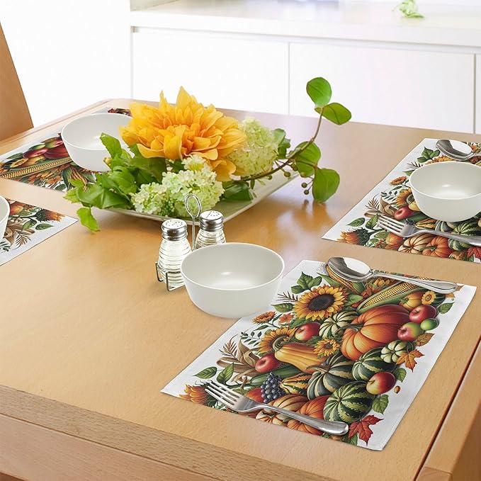 Ambesonne Fall Place Mats Set of 8, Pumpkins Apples and Sunflowers Harvest Time - Image 2