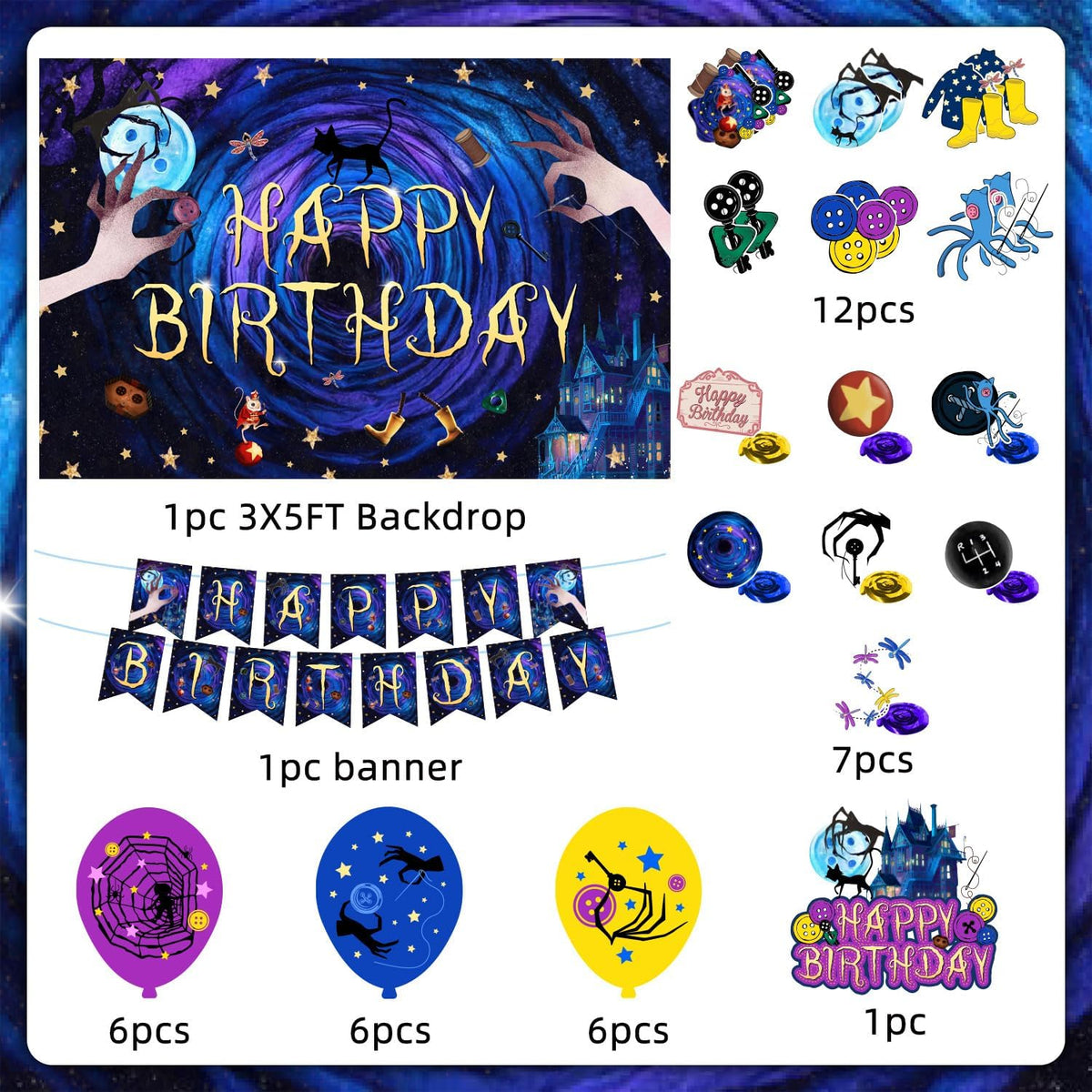 40Pcs Horror Birthday Party Decorations Blue Purple Theme Birthday Party Supplies Including Banner Hanging Swirls Balloons Backdrop Cake Toppers and Cupcake Toppers for Halloween Parties Decorations