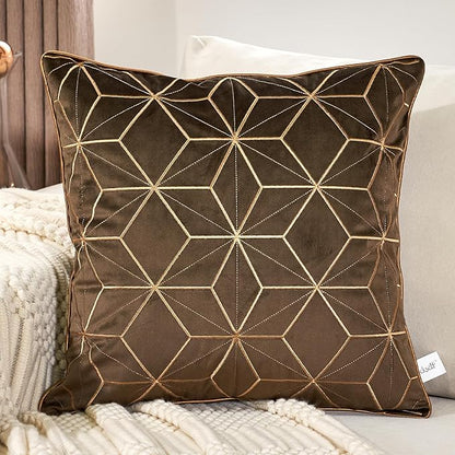 Aeckself Dark Brown Gold Plaid Geometric Throw Pillow Covers 18x18 Inch by AECKSELF