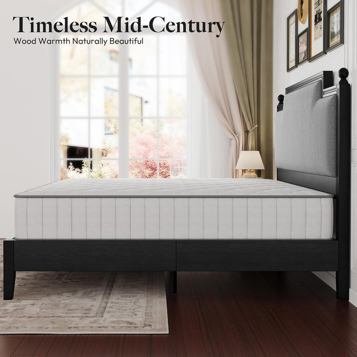 king size bed frame with 50.2" tall upholstered, front angle view