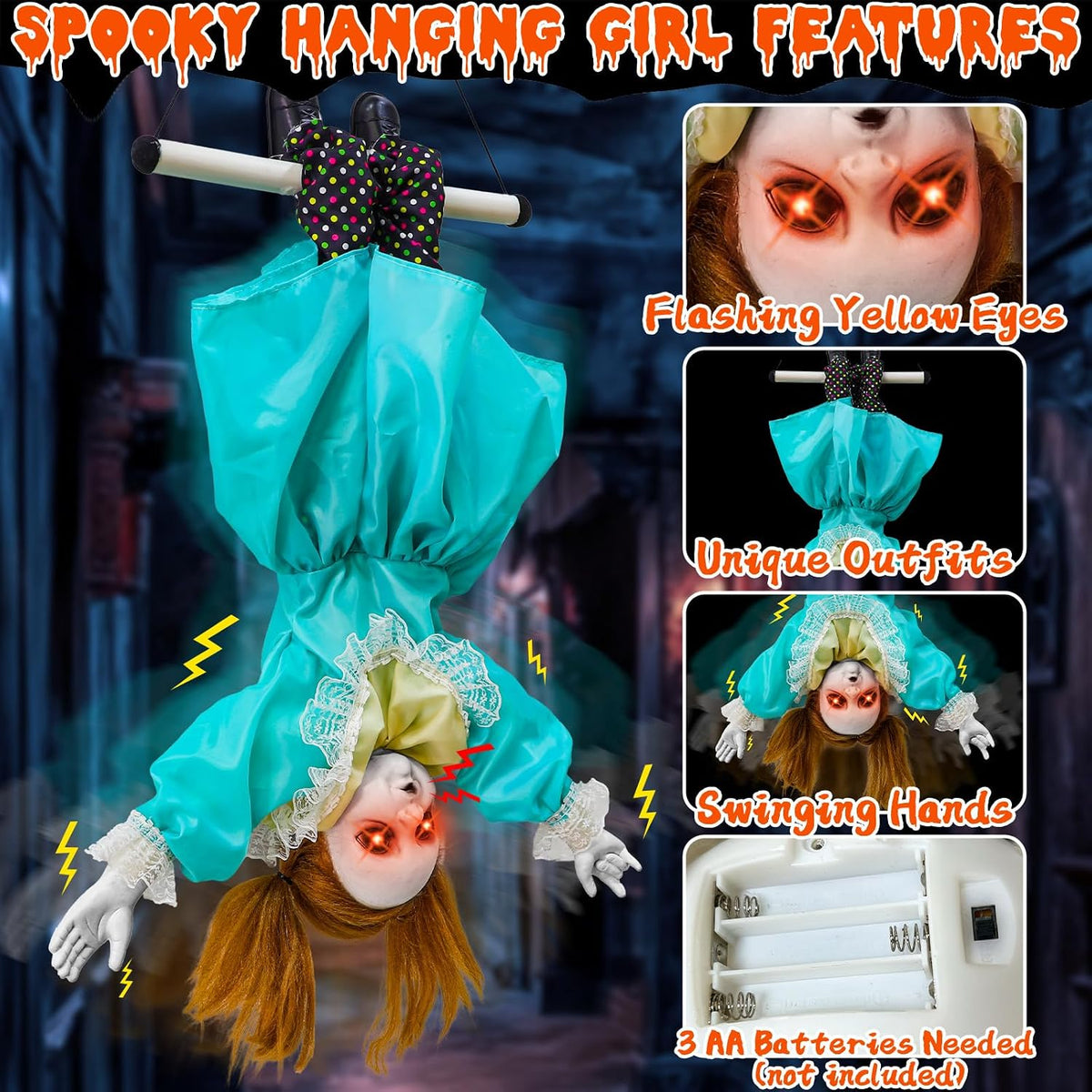 30'' Scary Halloween Animatronic Decorations Outdoor Hanging Swinging Girl
