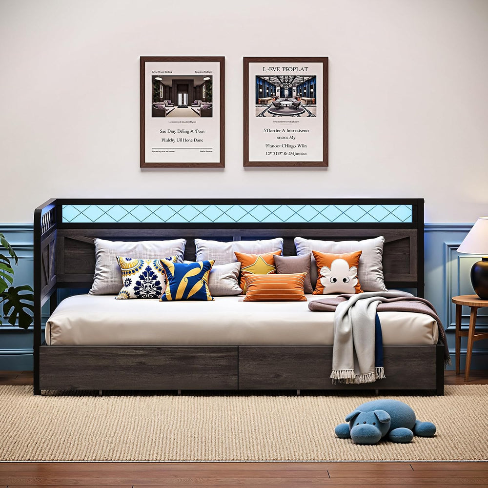 ANCTOR Corner Bed Frame Twin DayBed with Storage Drawers, Charcoal Grey
