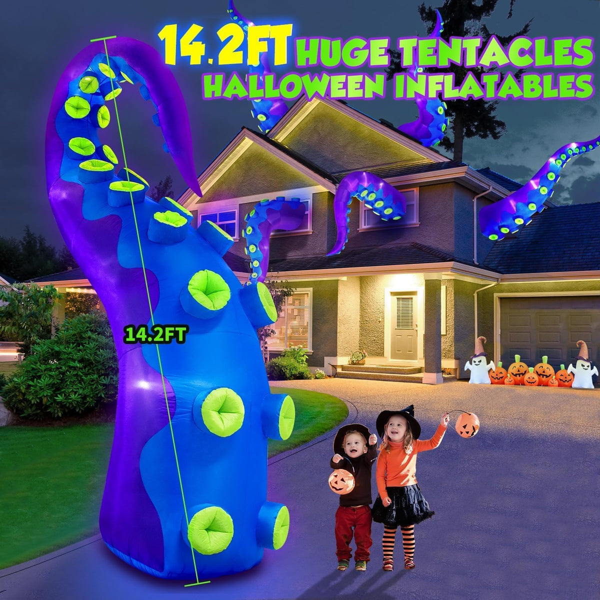 1PCS 14FT Giant Halloween Inflatables Octopus Tentacles, Huge Halloween Decorations Outdoor Build-in LED Lights Vivid Spooky Blow Up Yard Decoration Large Blowups Holiday Lawn Party Yard -Style D