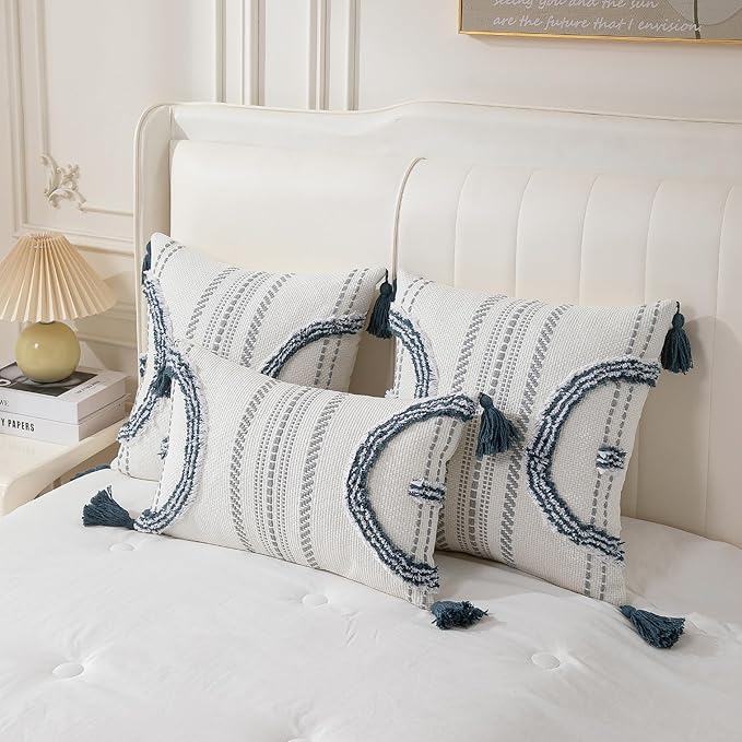 Boho Throw Pillow Covers 18x18 Set of 2 Cotton Woven Tufted Farmhouse Pillows - Image 4