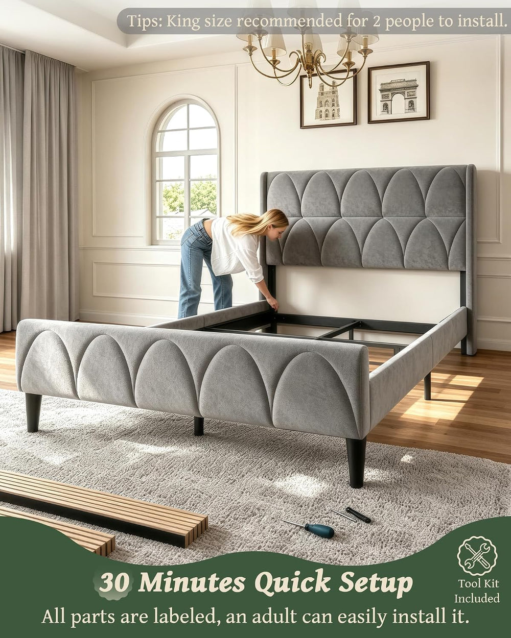 OHOHOLIVE Full Size Bed Frame Velvet Upholstered Headboard Platform Bed