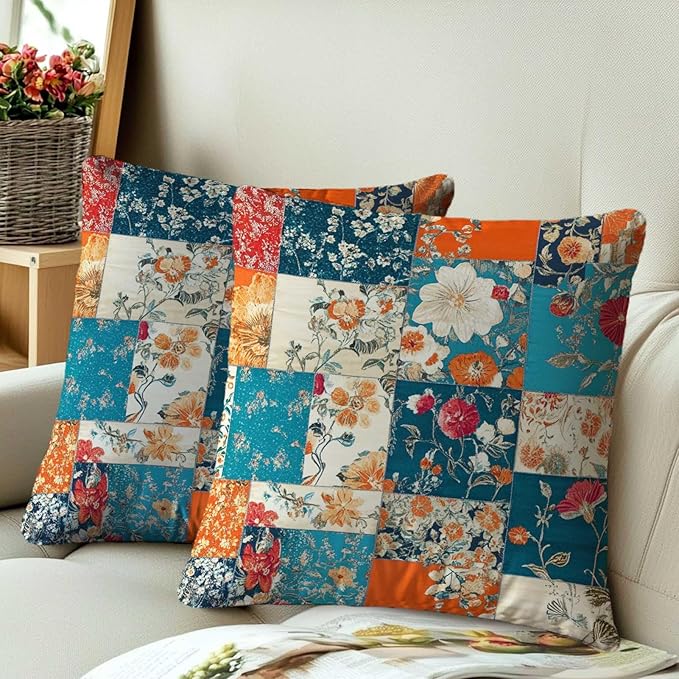 Floral Throw Pillow Covers 18x18 Set of 2 | Decorative Patchwork Like Cushion - Image 3