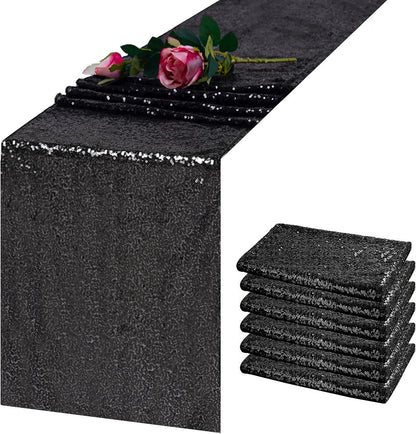 6 Pack Black Sequin Table Runner 12x108 Inch, High Density Sparkly Glitter Table Runners for Wedding Reception, Birthday Party, Banquet, Halloween, Black Metallic Shimmering Decor