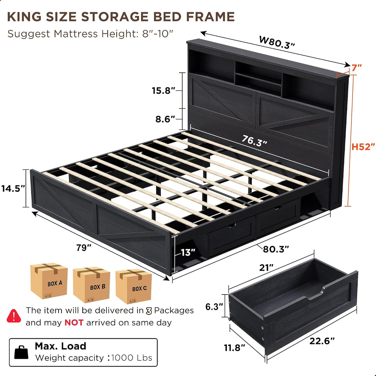 accohoho farmhouse king size bed frame with 52" shown in use