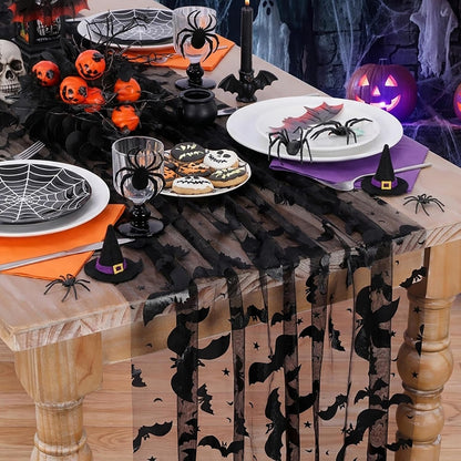 Halloween Table Runners Lace Black Bat Linen Drape Scary Theme Spooky Decor