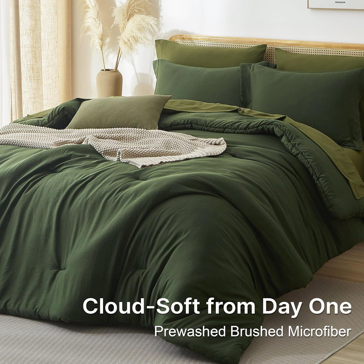 full size comforter set-7 pieces soft dark green shown in use
