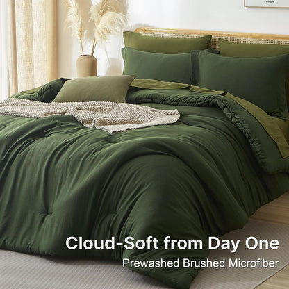 full size comforter set-7 pieces soft dark green shown in use