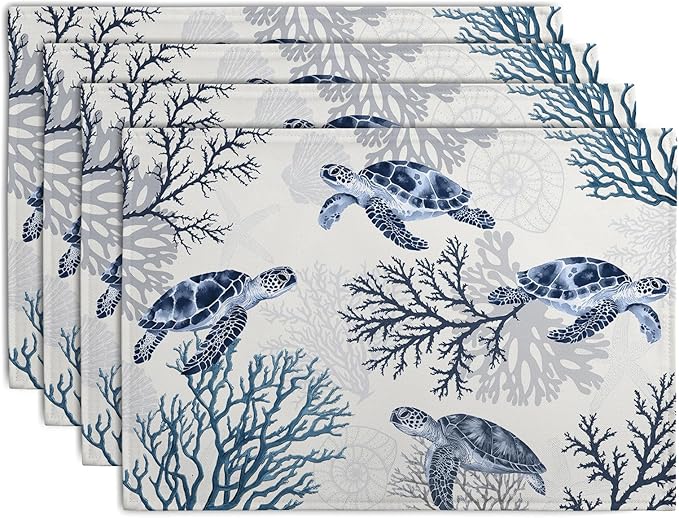 Coastal Beach Placemats Set of 4 Nautical Theme Coral Sea Turtle Navy Blue by Wnoesat