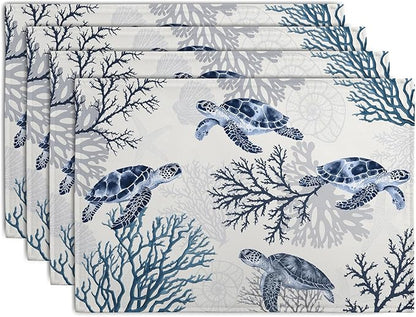 Coastal Beach Placemats Set of 4 Nautical Theme Coral Sea Turtle Navy Blue by Wnoesat