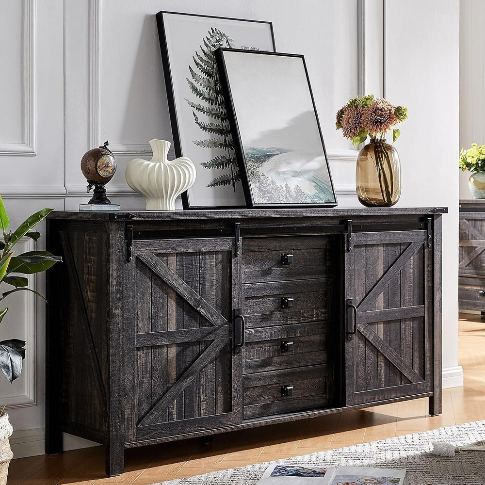 AMERLIFE 60" Farmhouse 4-Drawer Dresser with Barn Doors, Black Oak
