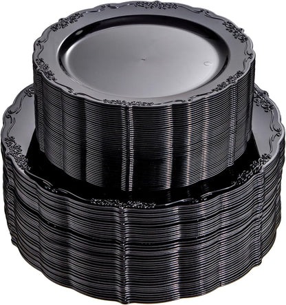 U-QE 100PCS Black Plastic Plates, Heavy Duty Black Plates Halloween