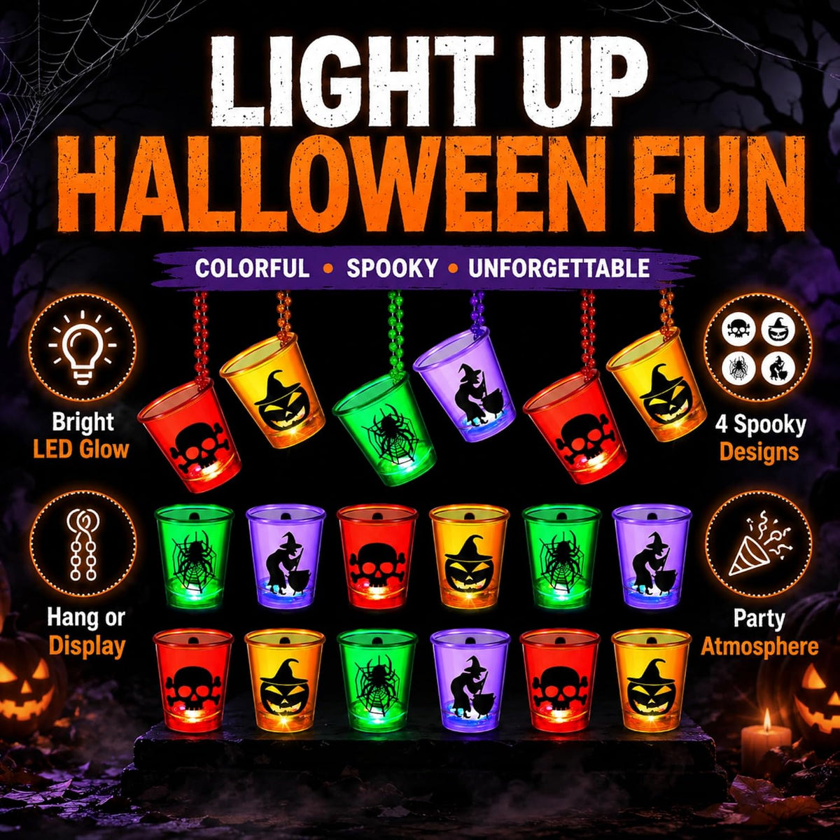 Henoyso 24 Pcs Halloween Shot Glass on Beaded Necklace Skull Plastic Shot Glasses Ghost Cups Assorted Glass Necklaces Bulk for Halloween Party Favors Decorations Supplies (Stylish Style)