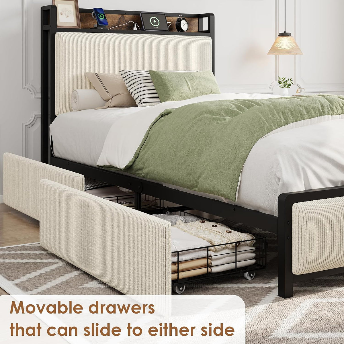 gaomon twin size bed frame with 2 drawers, side view