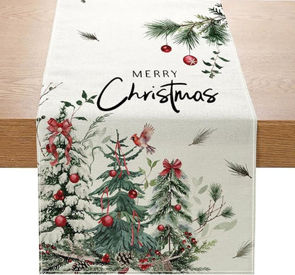 Christmas Trees Cardinal Table Runner 13x72 Inch Merry Christmas Red Bird Cedar by ZCHOMI