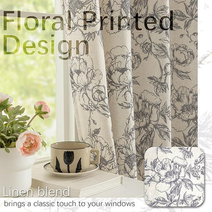 Floral Linen Blend Curtains for Living Room 96 Inches Long Flower Printed - Image 6