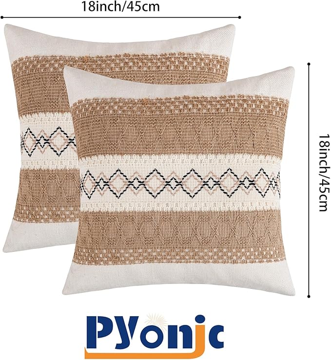 Pyonic Pack of 2 Boho Throw Pillow Covers 18x18 Inch Farmhouse Decorative Throw - Image 5
