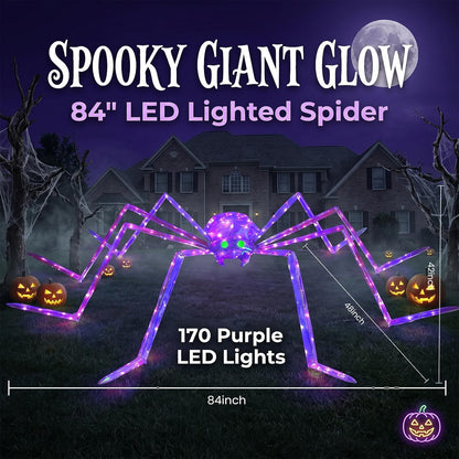 7FT Giant Halloween Spider Decorations Outdoor – Prismatic Iridescent Light-Up Spider with 170 LED Lights & Green Glowing Eyes, Easy Assembly, for Yard, Lawn, Porch, Garden, Haunted House, Party