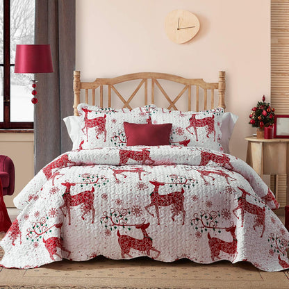 hansleep christmas bedspread king size, red reindeer quilt, main product view