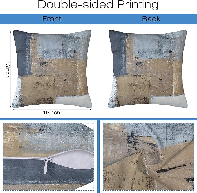 Throw Pillow Covers Grey and Brown Abstract Art Pillow Covers 16x16 Inch Set of - Image 2