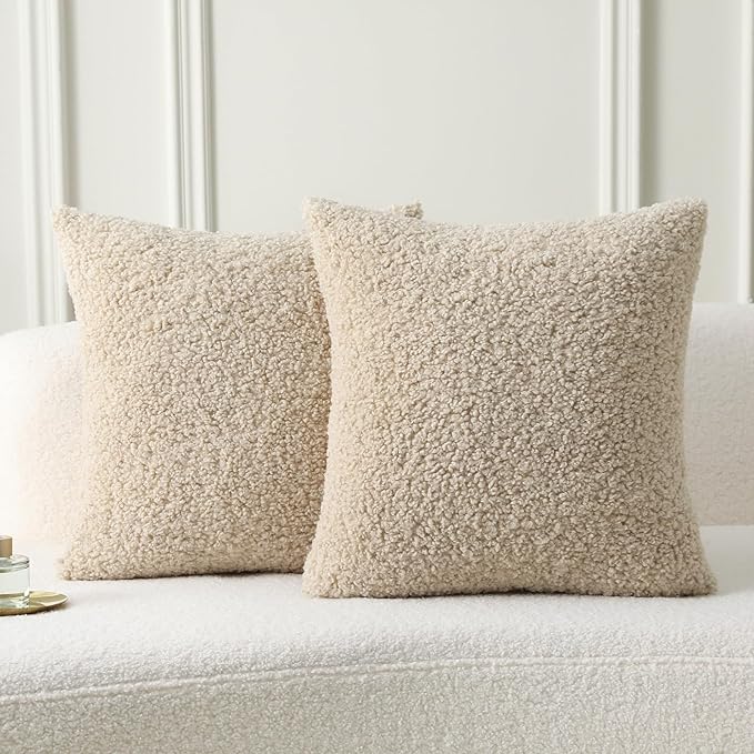 FUTEI Beige Throw Pillow Covers 22x22 Inch Set of 2, Furry Faux Fur Teddy by FUTEI