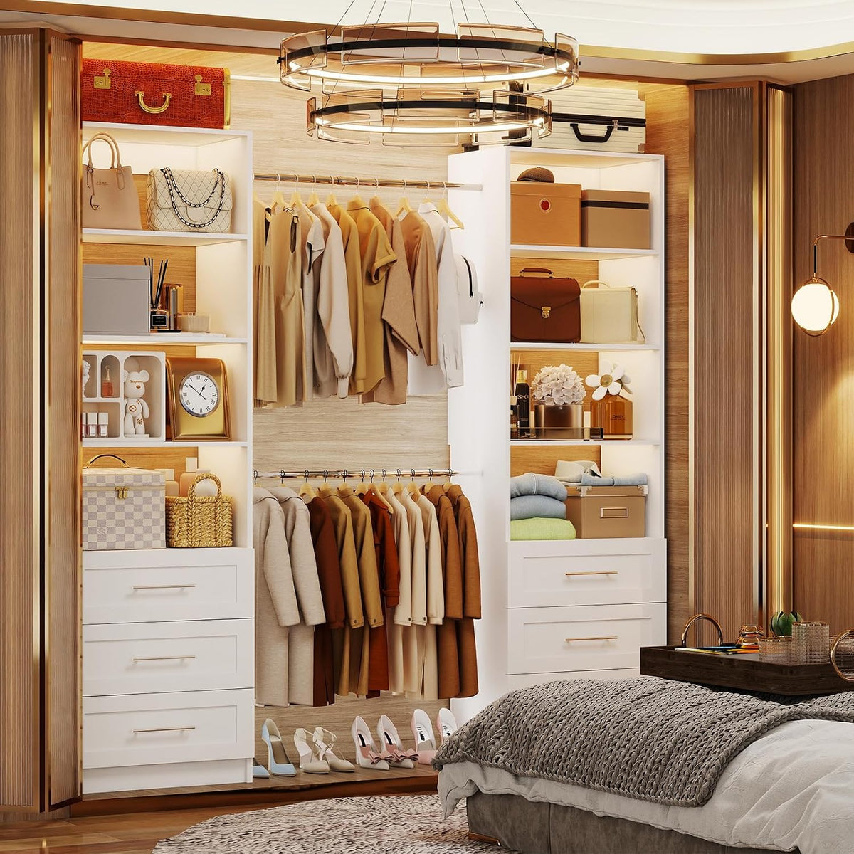 closet system with 6 drawers, 5-14ft custom closet, front angle view