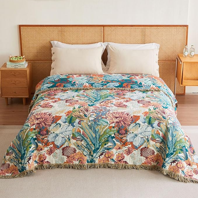 MSGKV Boho Throw Blanket for Bed Twin Size 100% Cotton Floral Blanket 60"x80" - Image 6
