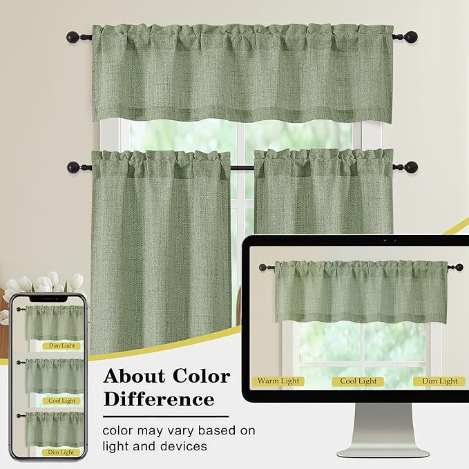 Sage Green Kitchen Curtains 24 Inch Length 2 Panels, Light Filtering Faux Linen - Image 7