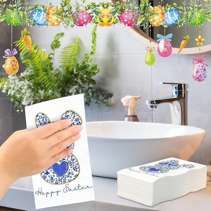 Peryiter 100 Pcs Easter Blue White Bunny Paper Napkins 13 x 15.7 Inch Retro - Image 5