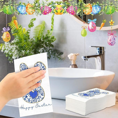 Peryiter 100 Pcs Easter Blue White Bunny Paper Napkins 13 x 15.7 Inch Retro - Image 5