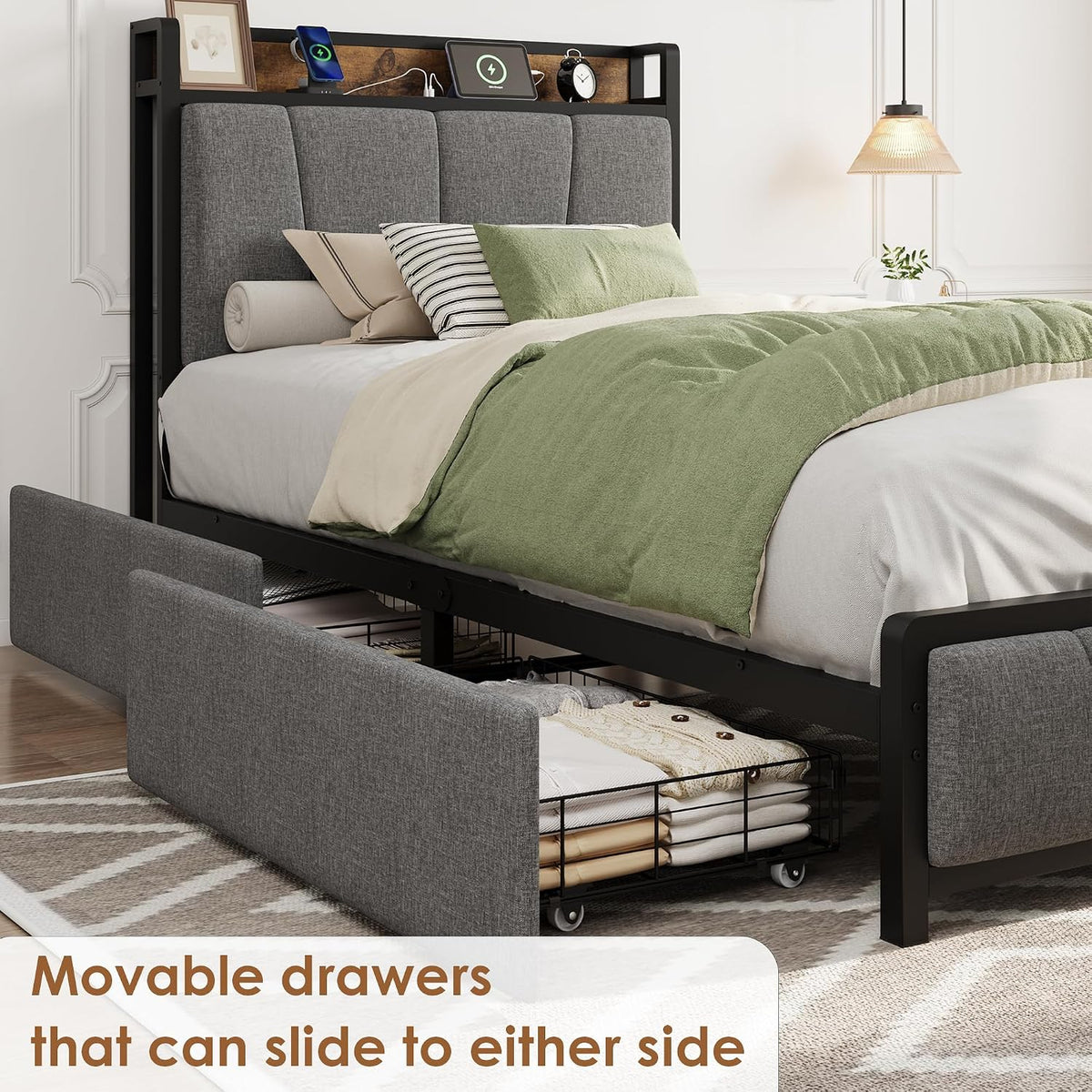 gaomon twin size bed frame with 2 drawers, front angle view