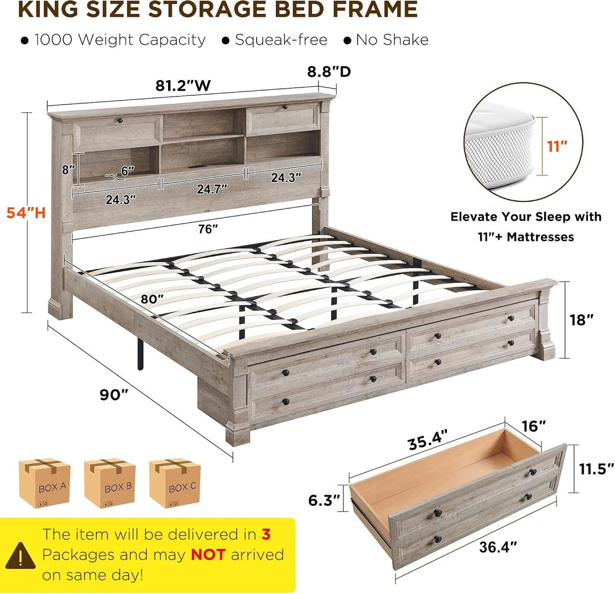 farmhouse wood king size bed frame with 54", close-up detail