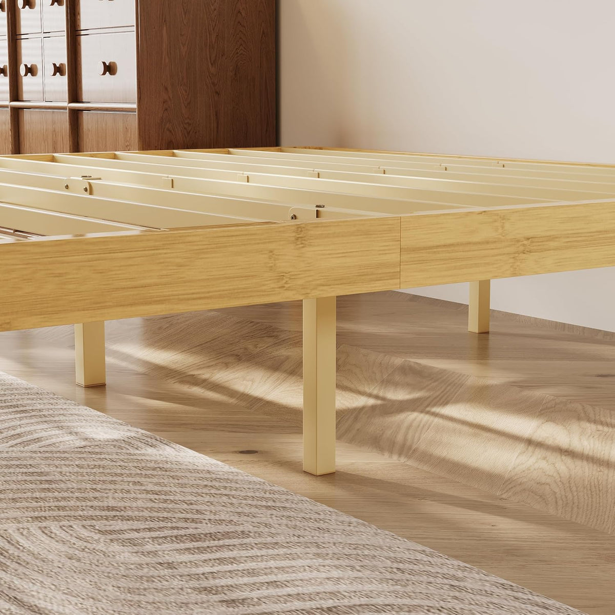 12 inch king size wood bed frame with, front angle view
