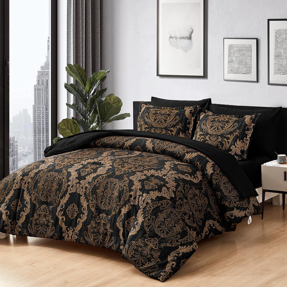 WONGS BEDDING Black Comforter Set Queen Size, Gold Damask Texture 7 Pieces Be...