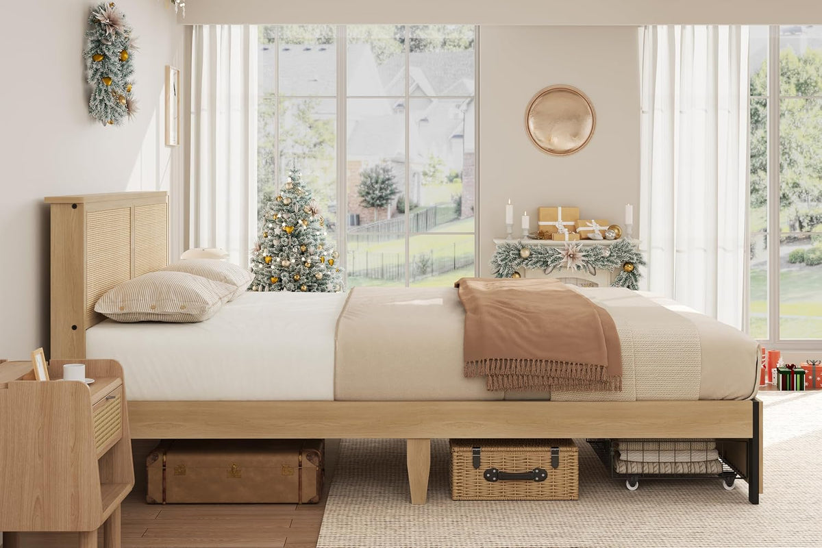 garveehome rattan queen bed frame with 2 storage, side view