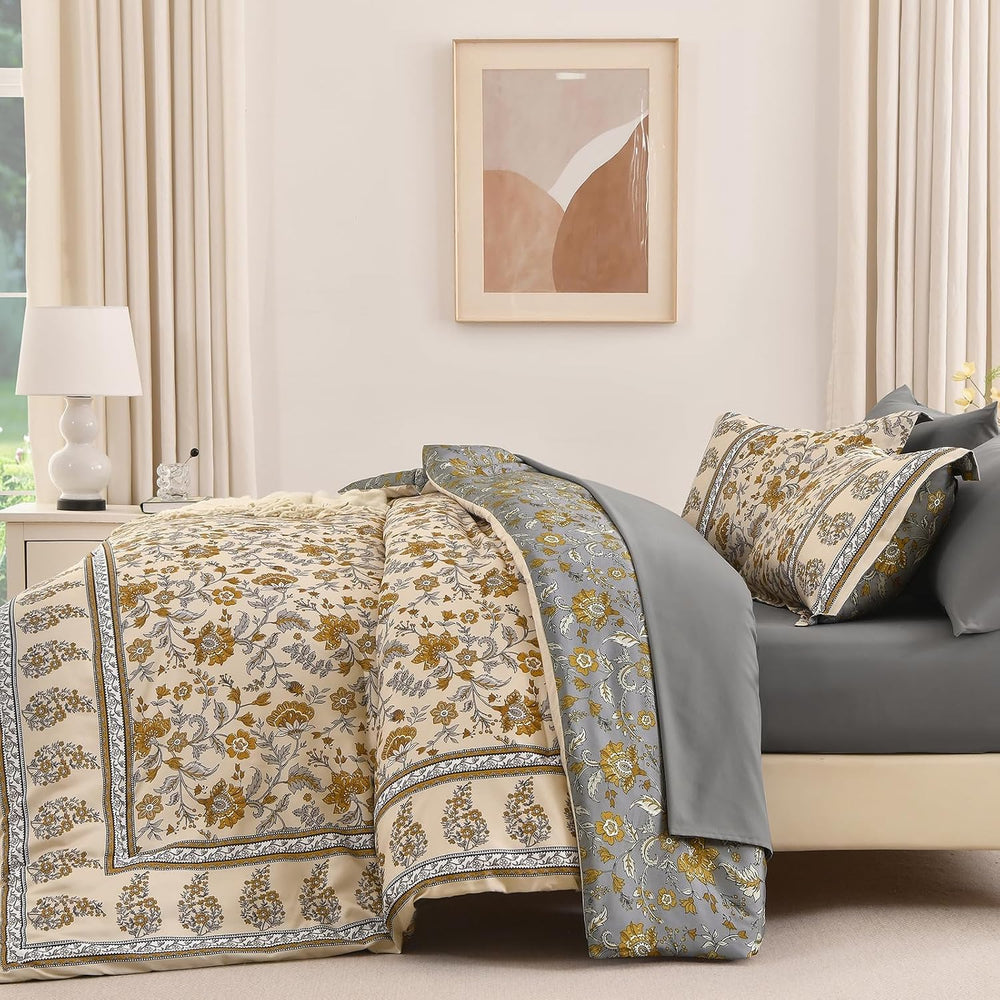 Comforter Set Full Size Boho,Bohemain Beige Bedding Paisley Floral 7 Pieces