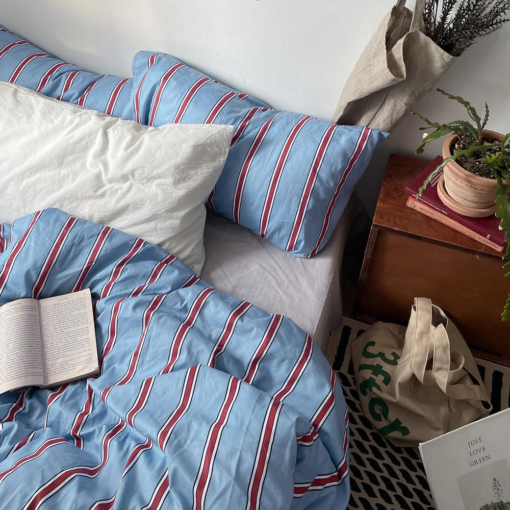 mixinni Vintage Striped Blue Duvet Cover Full - 100% Cotton Red Stripes 3-Pie...