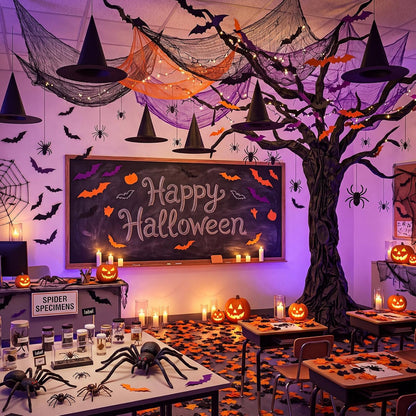 167 Pcs Halloween Themed Decorations, Spooky Halloween Classroom Party Decor Kit with Bats Stickers, Fake Spiders, Tulle Gauze, Witch Hats & Black Kraft Paper for Indoor Outdoor Party Decor