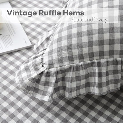 2 Pack Grey White Plaid Ruffle Gingham Euro Pillow Shams, 100% Washed Cotton - Image 5