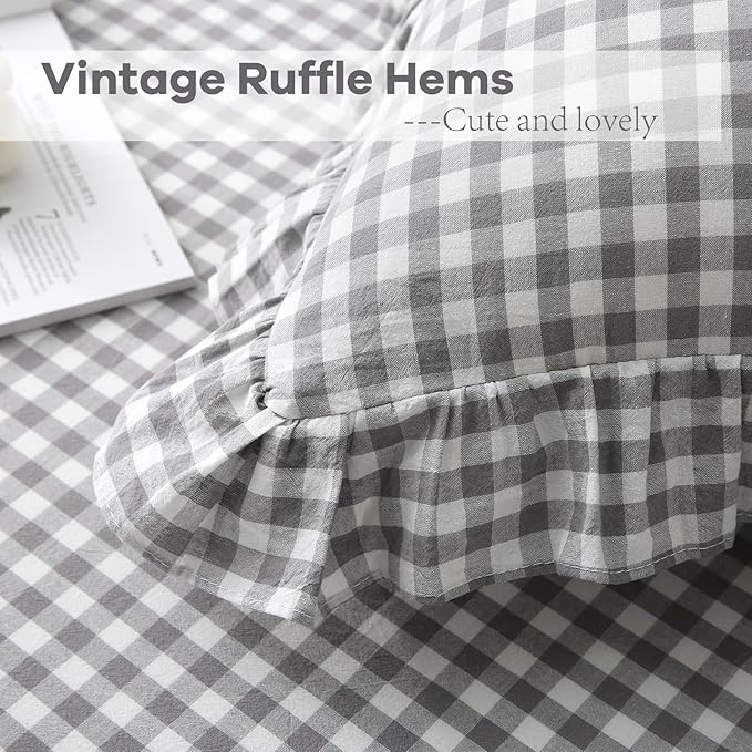 2 Pack Grey White Plaid Ruffle Gingham Euro Throw Pillow Covers, 100% Washed - Image 5