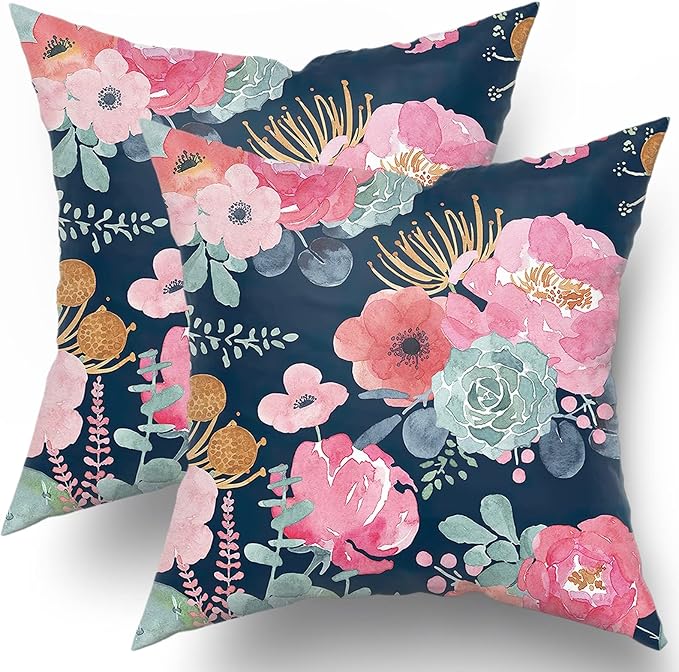 Watercolor Flower Throw Pillow Cover 22x22 Inch Pink Peony Floral by Granbey