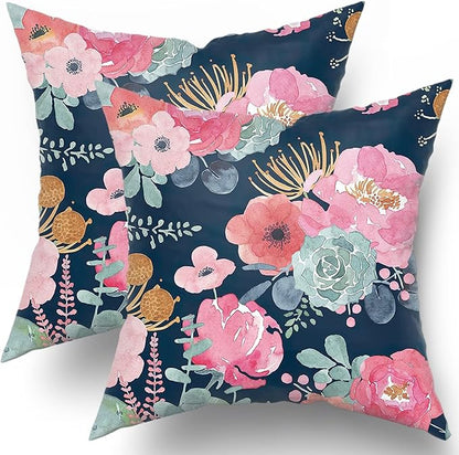 Watercolor Flower Throw Pillow Cover 22x22 Inch Pink Peony Floral by Granbey