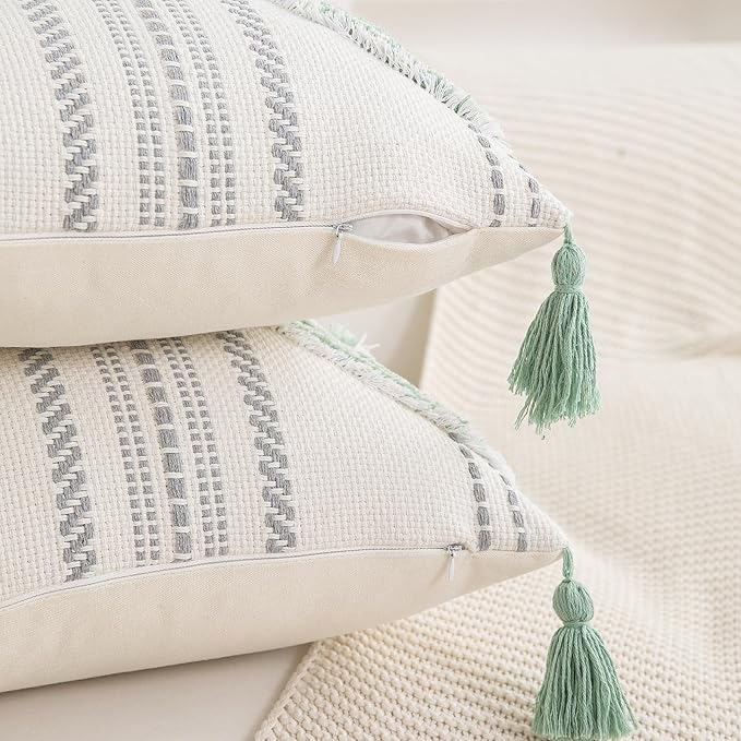 Boho Throw Pillow Covers 18x18 Set of 2 Cotton Woven Tufted Farmhouse Pillows - Image 2