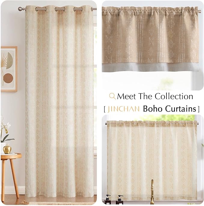 jinchan Boho Kitchen Curtain Linen Tier Curtain Bohemian Cafe 36 Inch Geometric - Image 8
