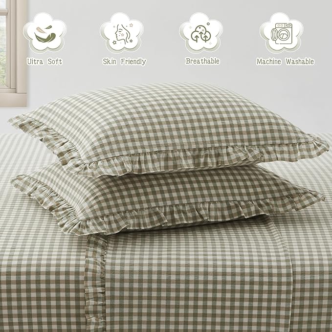 KKJIAF 2 Pcs Plaid Ruffle Pillow Case King Size, Cotton Gingham Ruffled Euro - Image 5